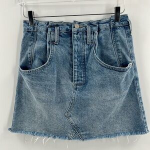 FP We the Free Denim Mini Skirt Relaxed Baggy Light Wash Raw Hem Blue Jean 26